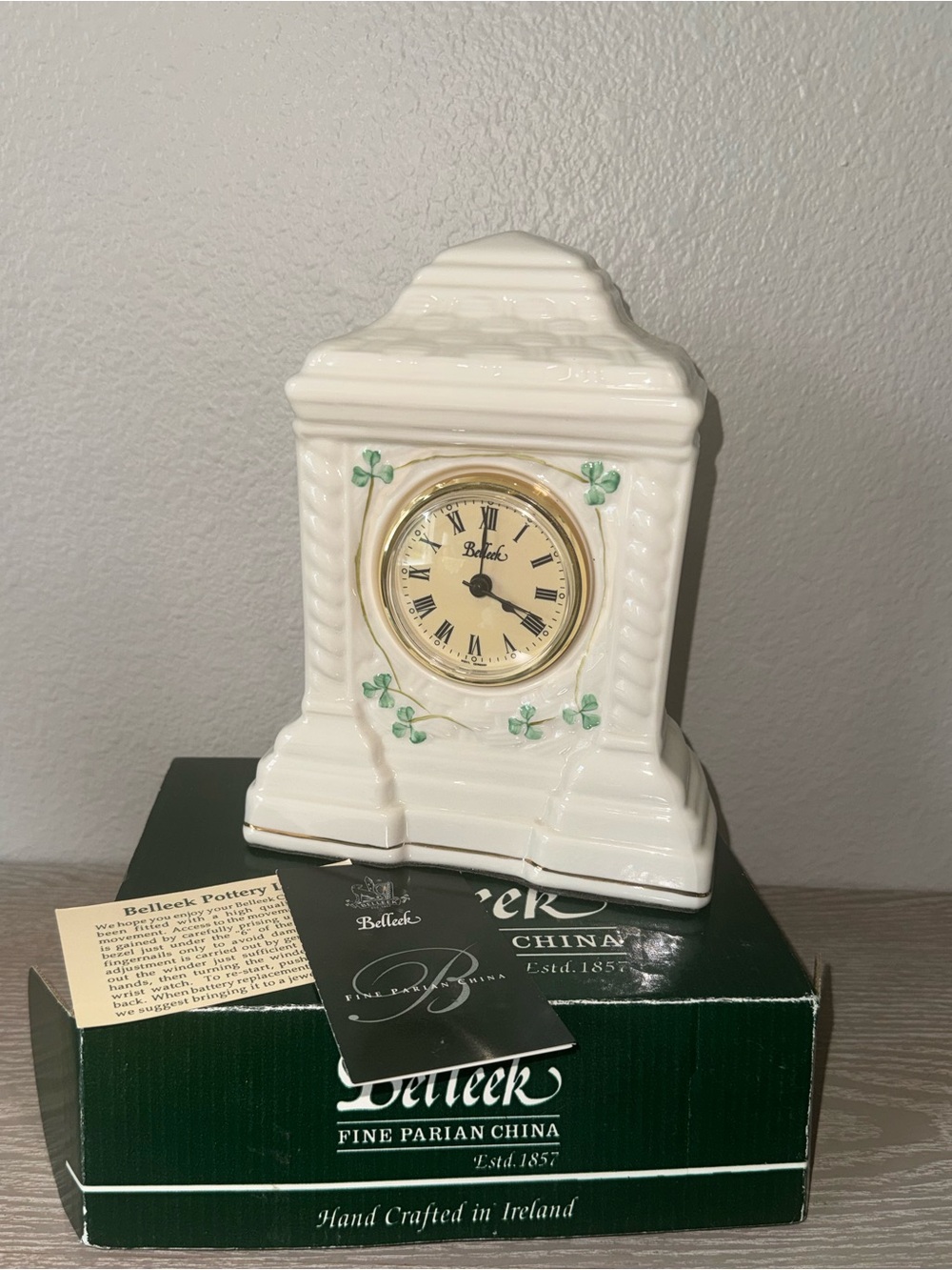 Belleek Porcelain Cashel clock. With box